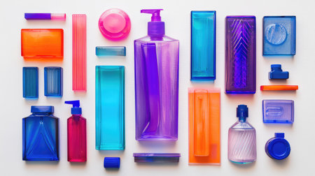 An artistic arrangement of colorful cosmetic and personal care packaging on a white background. Displays various vibrant shapes and forms in a creative layout.の素材