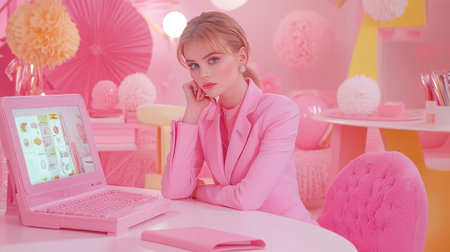 A fashionable young woman in a pink suit sits at a stylish desk with a vintage laptop. The colorful pastel decor creates a cheerful and creative workspace vibe.の素材