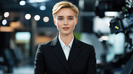 A confident female news anchor stands poised in a professional studio setting, exemplifying clarity and engagement in journalism. Perfect for media-related projects.の素材