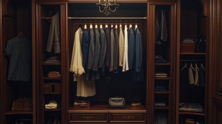 Discover an elegant wooden wardrobe showcasing a neatly arranged collection of menswear, from suits to accessories, ideal for stylish interiors and luxury home decor.の素材