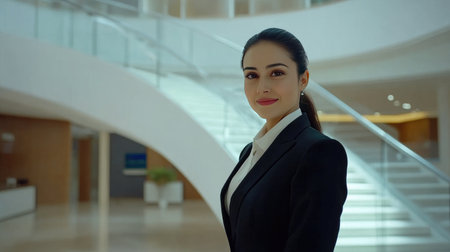 A confident businesswoman stands gracefully in a modern office, showcasing professionalism and elegance. Her smile reflects positivity and ambition in the corporate world.の素材