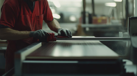 A skilled craftsman focuses on woodworking tasks in a workshop. The image captures the precision of manual labor using tools to shape and design wood materials.の素材