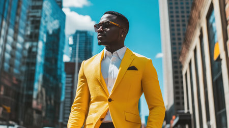 A fashionable man dressed in a striking yellow suit and sunglasses stands confidently against a vibrant city skyline under a clear sky.の素材