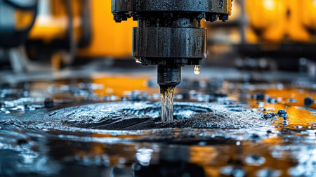 Close-up of an industrial cutting tool using a water jet stream in a machine workshop. This image highlights precision and technology in metal fabrication.の素材