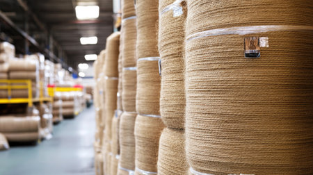 A spacious industrial warehouse filled with neatly stacked rolls of natural twine and rope coils, showcasing a well-organized storage environment for manufacturing.の素材