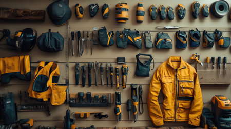 A vibrant display of organized yellow and black hand tools showcases a well-equipped workshop. This image captures the essence of craftsmanship and productivity.の素材