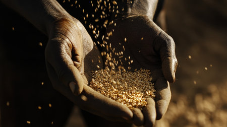 A close-up view of hands gently holding grains in an agricultural setting. The sunlight enhances the natural textures and colors, symbolizing growth and vitality.の素材