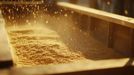 A captivating image of grains flowing in a wooden box illuminated by soft light rays, showcasing the beauty of nature and agriculture in a rustic setting.の素材