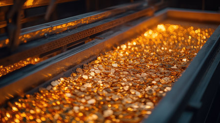 A stunning close-up of a tray filled with shiny gold coins, reflecting light and showcasing the allure of wealth and luxury. Perfect for financial themes.の素材