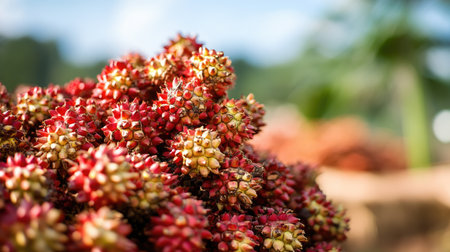 A close-up image showcasing vibrant red berries against a soft focus background, emphasizing the beauty of nature and the bounty of agricultural life. Perfect for highlighting freshness and growth.の素材