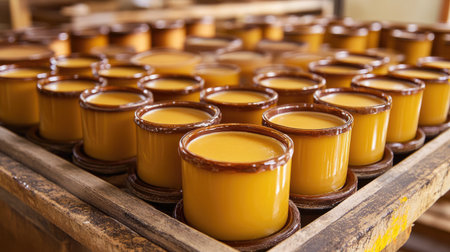 A vibrant display of freshly made candles in brown ceramic pots, arranged neatly on a wooden tray. The warm hues and handmade charm create a soothing atmosphere perfect for any dの素材