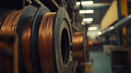 This image showcases close-up spools of copper wire in an industrial workshop. The scene highlights metallic texture and manufacturing processes in a factory setting.の素材