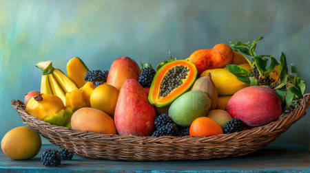 A vibrant assortment of fresh fruits beautifully arranged in a rustic basket, showcasing the colors and textures of tropical produce, perfect for a healthy lifestyle.の素材