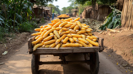 A rustic wooden cart overflowing with bright yellow corn sits on a dirt road in a rural area, showcasing agricultural abundance against a peaceful, vibrant backdrop.の素材