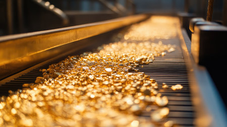 A close-up view of gold nuggets flowing along a conveyor belt in a mining processing plant, showcasing the industrial aspects of mineral extraction and production.の素材