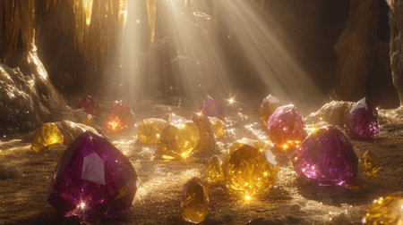 A captivating scene featuring an array of sparkling gems in a cave, illuminated by dramatic light rays. The vibrant yellow and purple crystals create a magical atmosphere.の素材
