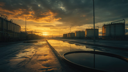 A stunning industrial landscape showcases oil storage tanks at sunset, with golden light reflecting on puddles and highlighting the tanks against a dramatic sky.の素材