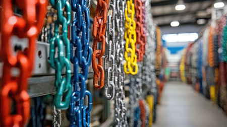 A vibrant display of colorful metal chains arranged in an industrial warehouse. This image captures the organized inventory of essential equipment in a work environment.の素材