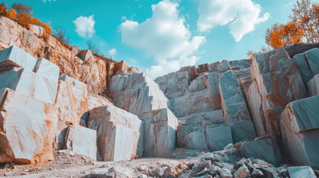 Captivating view of a quarry showcasing large stone blocks against a vibrant blue sky and fluffy clouds. This scene captures the beauty of Earth's materials.の素材