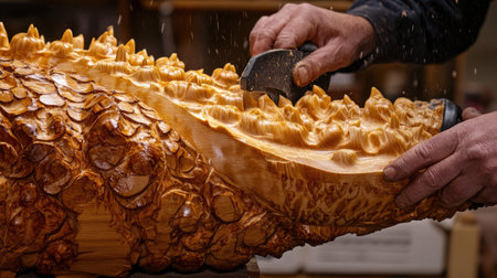 A skilled artisan expertly carves intricate textures on a wooden sculpture, showcasing the detailed craftsmanship and beautiful wood grain in a workshop setting.の素材