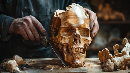 An artisan skillfully carves a wooden skull, showcasing intricate details and craftsmanship. The workshop atmosphere highlights the creativity involved in wood carving.の素材