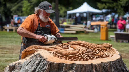 A skilled artisan demonstrates chainsaw carving on a wooden stump at an outdoor festival, showcasing the intricate details and craftsmanship involved.の素材