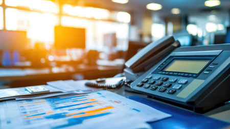 A close-up view of an office workspace featuring a telephone, documents with charts, and computer screens, emphasizing a modern business environment.の素材