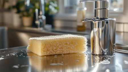 A sleek kitchen scene featuring a sponge and a stainless steel soap dispenser on a countertop. Perfect for depicting cleaning routines and household hygiene.の素材
