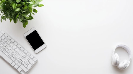 A sleek and modern desk setup featuring a potted plant, white keyboard, smartphone, and headphones. Perfect for creating a fresh, minimalist workspace.の素材