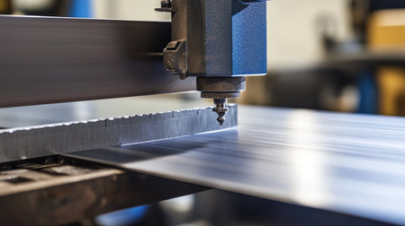 A close-up view of a precision cutting machine in action, processing a metal sheet in a modern workshop. The image captures the blend of technology and craftsmanship.の素材