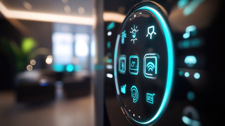 Close-up view of a modern smart refrigerator control panel featuring a sleek touchscreen interface. The advanced design emphasizes connectivity and convenience in a stylish kitchen setting.の素材