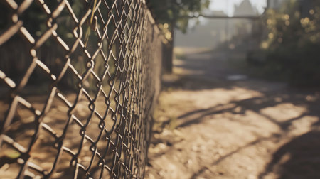 A serene view of a chain link fence with sunlight filtering through trees, showcasing a quiet pathway that invites exploration and tranquility.の素材