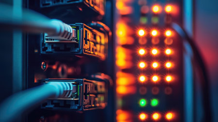 This close-up image showcases a network switch with illuminated LEDs and connected Ethernet cables. The details highlight technology and data communication.の素材
