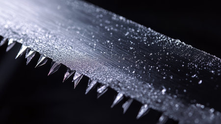 This close-up image features a sharp metal saw blade covered in water droplets, showcasing its intricate texture and reflective surface. Ideal for tool-related themes.の素材