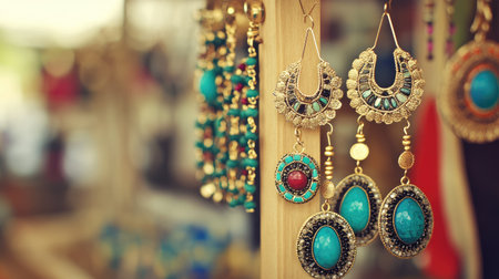 Explore a stunning display of elegant earrings featuring turquoise stones. Perfect for fashion lovers, this vibrant market scene showcases unique handmade jewelry.の素材