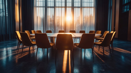 Empty conference room bathed in warm sunlight, casting shadows across modern furniture, creating a serene and inspiring atmosphere for meetings and collaboration.の素材