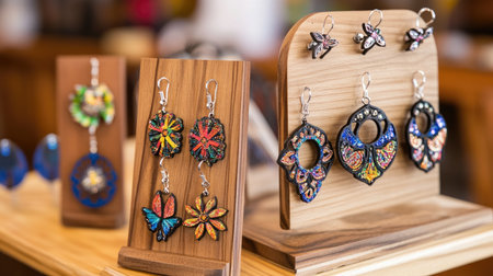 A vibrant display of handmade earrings resting on wooden stands showcases unique designs crafted by local artisans. Perfect for accessory lovers.の素材