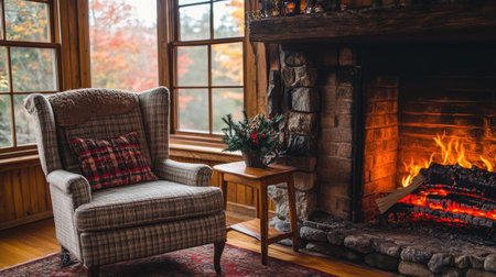 A cozy armchair next to a stone fireplace creates a warm atmosphere. The room features autumn colors outside the window, inviting relaxation and comfort.の素材