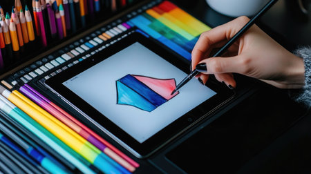 A close-up view of a hand painting a colorful shield design on a digital tablet. This image captures the blend of traditional art techniques with modern technology, highlighting creativity.の素材