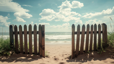 A picturesque view of a wooden gate opening to a serene beach, showcasing soft sand, gentle waves, and a beautiful cloudy sky. Perfect for summer themes.の素材