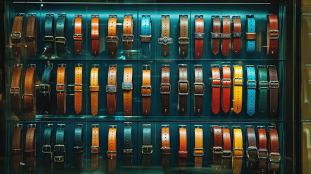 A vibrant display of leather watch straps showcases a variety of colors and styles, highlighting the craftsmanship and elegance of these fashion accessories.の素材