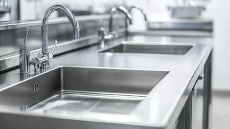 Sleek stainless steel kitchen sink highlighted in a modern professional setting. Ideal for culinary applications and contemporary design inspiration.の素材