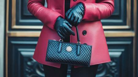 A fashionable woman dressed in a red coat and black gloves holds a chic black purse, exuding elegance and style in an urban outdoor setting.の素材
