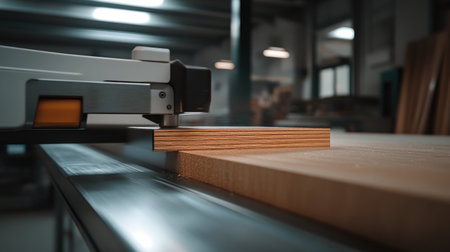 Close-up view of a woodworking tool operating on a piece of timber. This image showcases craftsmanship and precision in a workshop setting, emphasizing the woodworking process.の素材