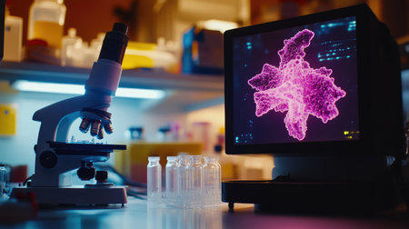 A vibrant scene showcasing a microscope and a computer screen displaying a stunning microscopic visualization. Perfect for science and research themes.の素材