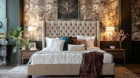 A beautifully designed modern bedroom featuring an elegant bed with plush bedding and tasteful decor. This inviting space exudes comfort and style.の素材