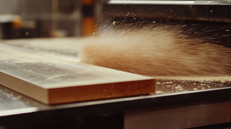 Dynamic shot of woodworking, featuring saw dust flying off a freshly cut board, highlighting the craftsmanship and precision involved in the process.の素材