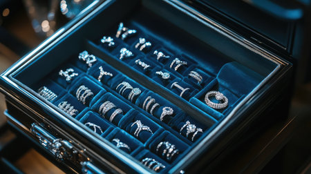 Explore an elegant selection of sparkling rings beautifully arranged in a luxury jewelry box. This captivating display showcases exquisite craftsmanship and design.の素材