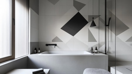 This modern bathroom features geometric tile patterns, a sleek bathtub, and minimalist decor. Ideal for showcasing contemporary design and relaxation themes.の素材