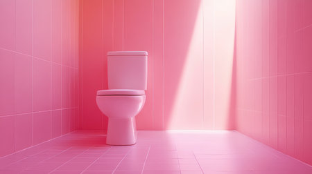 This image features a modern bathroom interior with a pink color scheme, showcasing a clean toilet and soft, natural lighting that creates a vibrant atmosphere.の素材